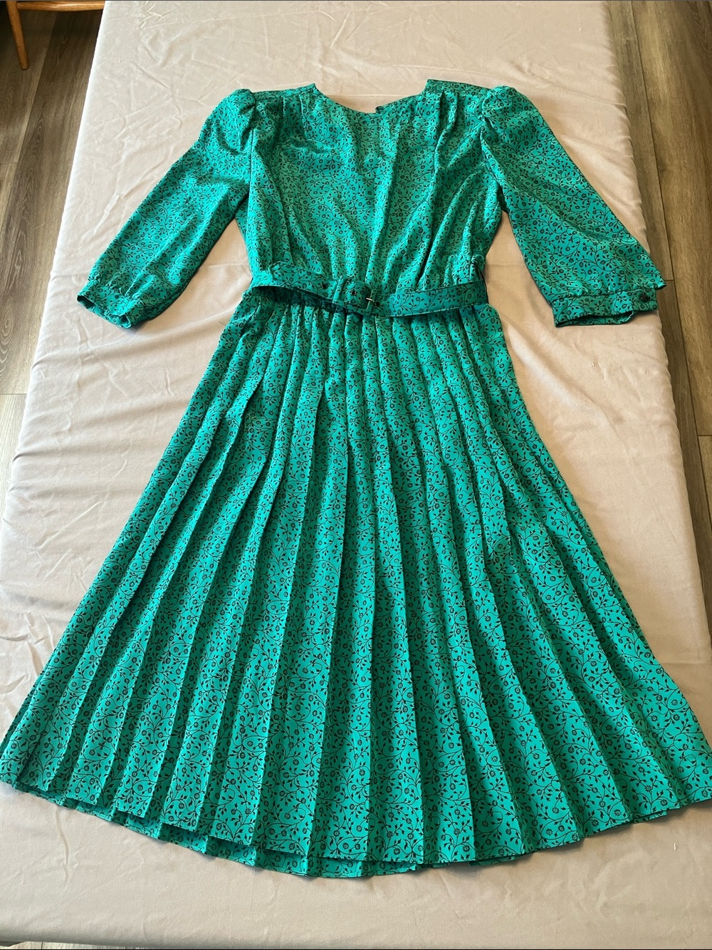 Teal Pleated Midi Dress with Belt